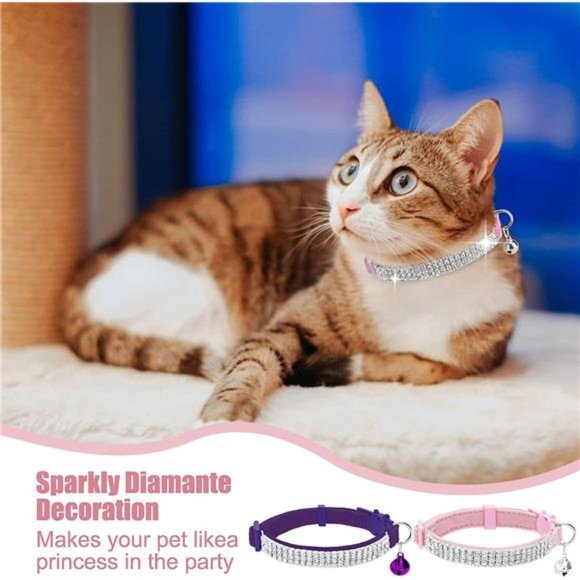 Soft Velvet Safe Cat Collars for Girl Cats -2 Pack Rhinestones Bling Diamante - Picture 4 of 6